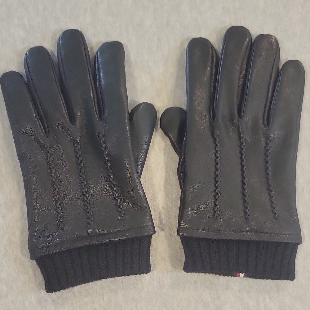 Tommy Hilfiger Men’s L Black Goat Nappa Leather Gloves Knit Cuff Lined